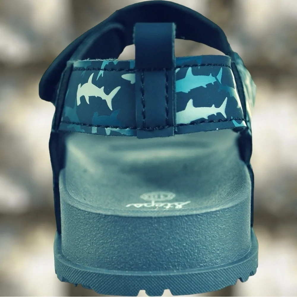 NWOT First Steps by Stepping Stones Navy Blue Shark Camo Print Sandals Size 4